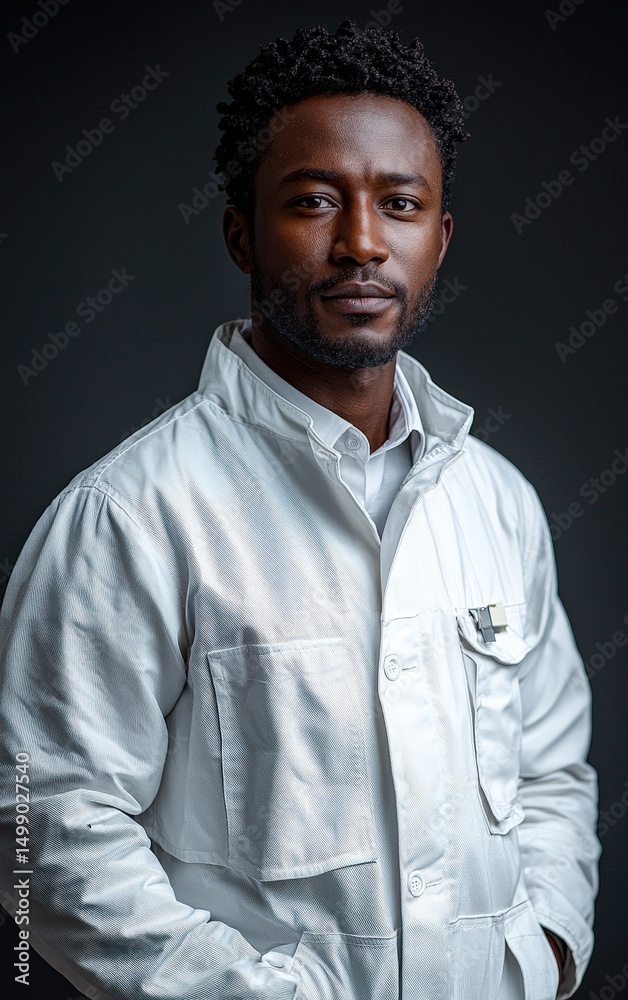Obraz premium Confident professional in white attire portrait against dark background