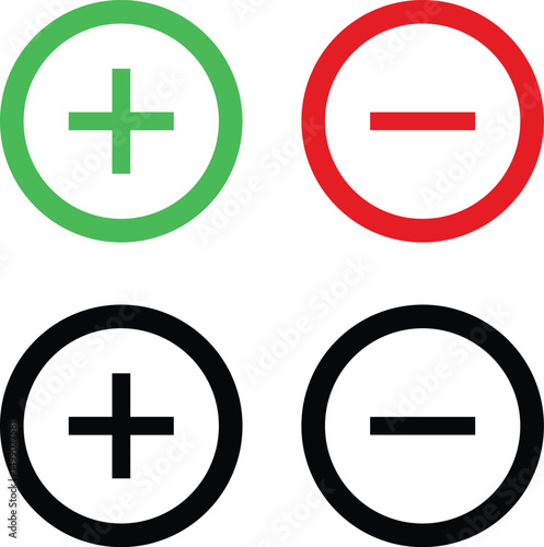 positive icon, negative icon, circle symbol, plus symbol icon, minus symbol icon, simple icon design, minimalist style, vector illustration