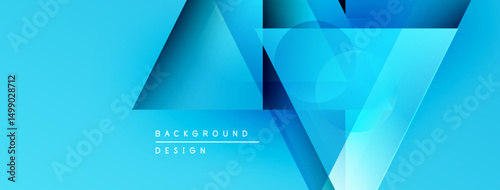 Abstract blue design features layered geometric shapes, gradients, translucent circles. Modern background suitable for presentations, websites.