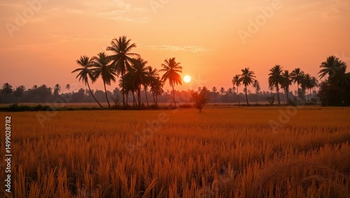 Golden sunset in winter casting warm light over harvested paddy fields, palm trees in the distance and dry grass under soft sky