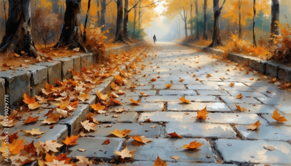 Obraz premium soft focus watercolor photograph of autumn leaves scattered on stone path with golden light for seasonal campaigns and nostalgia marketing