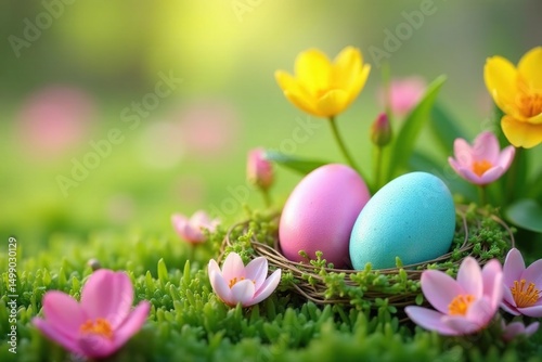 Pastel colored eggs nestled in a spring flower garden, vibrant blooms and fresh green grass , outdoor, grass, joyful