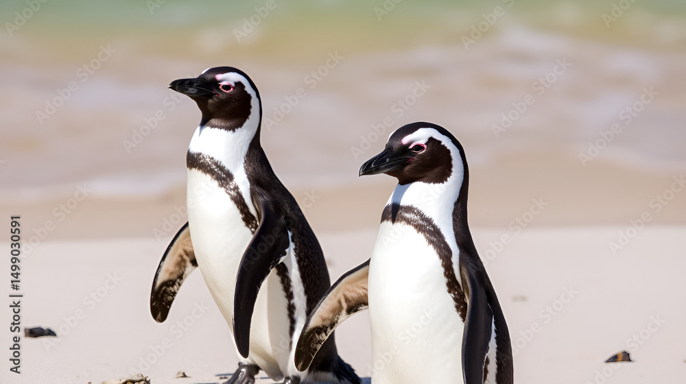 Naklejka premium couple of African penguins together on the beach