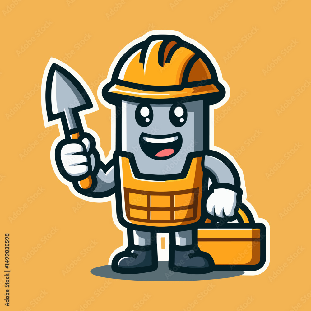 Fototapeta premium Cartoon Construction Worker Mascot Character Smiling and Pointing for Vector Illustration Design Poster App Interface and Civil Engineering Branding