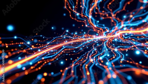 a computer circuit board illuminated by bright orange and blue lights against a dark background, creating a visually striking and dynamic electronic pattern.