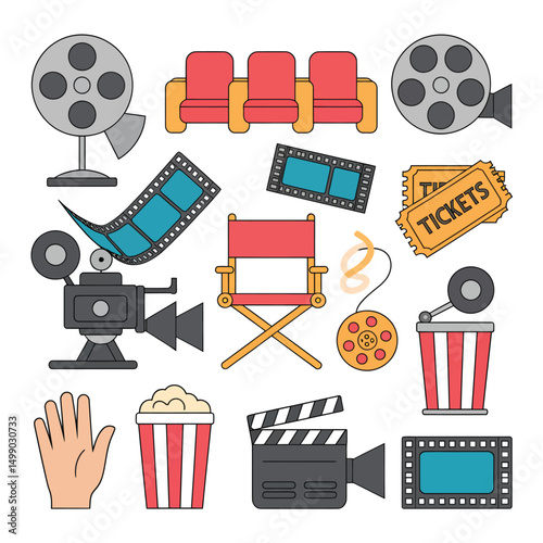 Hand-Drawn Style Movie Icons Featuring Film Cameras, Tickets, Popcorn, Director Chair and Clapperboard for Vintage Cinema Posters and Creative Designs