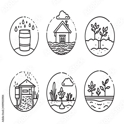Rainwater harvesting technology line art vector style drawing