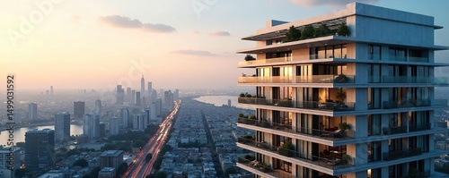 Luxury high-rise condo building with modern architecture and expansive city views  Enjoy the sleek design and prime location  Perfect for real estate marketing , skyline, penthouse, glass