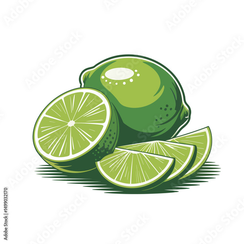 Fresh Whole and Sliced Green Lime Fruit Illustration Isolated on White Background for Food and Organic Citrus Concept.