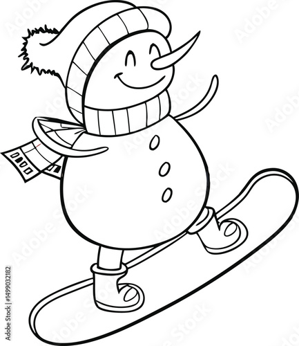 Happy Snowman on a Snowboard: A Playful Cartoon Illustration Perfect for Winter Fun and Holiday Cheer coloring page.