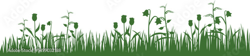 Seamless spring summer grass horizontal border with meadow plants silhouette