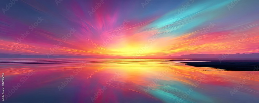 Obraz premium Soothing colors with positivity and focus through wellness concept. A vibrant sunset reflecting on calm water with colorful clouds.