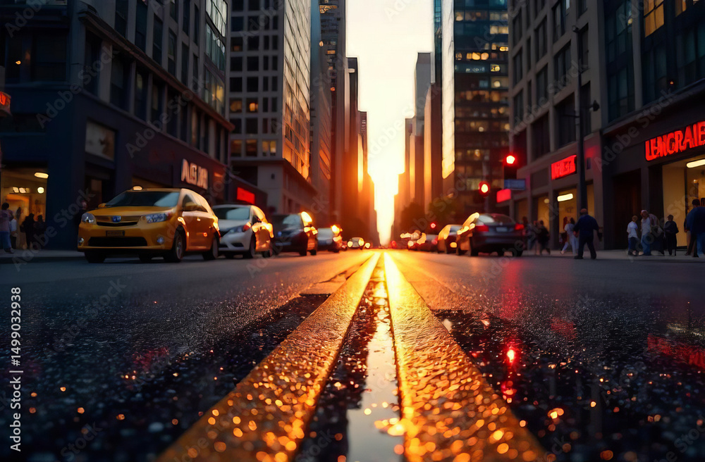 Fototapeta premium Sunset in a big city, evening street, defocused background.