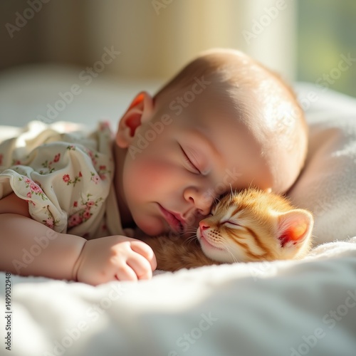 Baby Sleeping Peacefully with a Cozy Kitten on a Sunny Morning