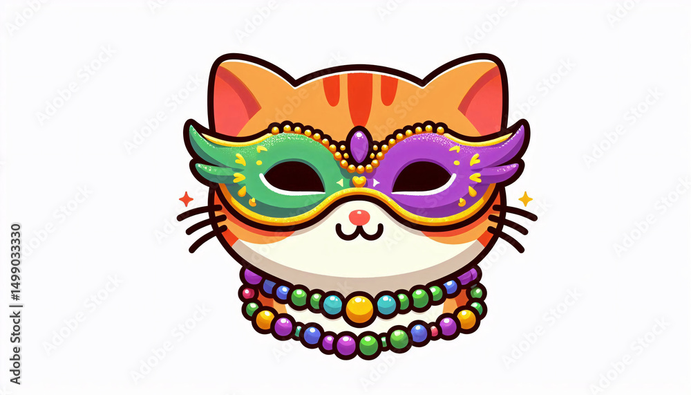 Flat-style clipart of festive cat in colorful Mardi Gras costume with simple lines and pure white background Flat-style clipart of festive cat in colorful Mardi Gras costume with simple lines and pure white background