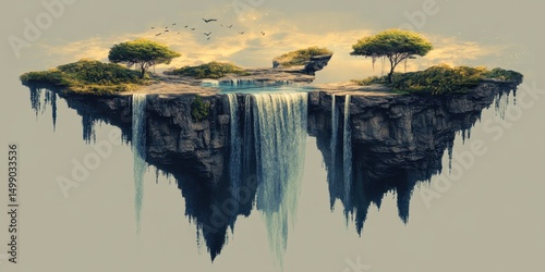 Landscape Graphic. Aethereal Phantasmagoric Landscape with Floating Islands and Waterfalls