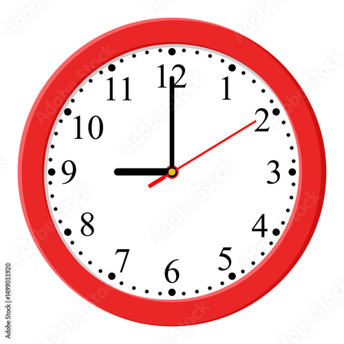 Clock icon design. Vector office clock icon with shadow. Nine o'clock.