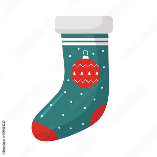Vector christmas sock isolated on blue background. Traditional red and green colors. Ornate holiday stocking for gift. Holiday decoration