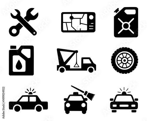Black and white automotive icons set for repair and emergency services, vector graphics