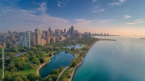 Chicago skyline aerial drone view from lincoln park showing downtown skyscrapers and lake michigan shoreline in illinois