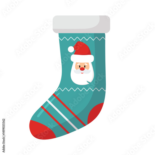 Vector christmas sock isolated on blue background. Traditional red and green colors. Ornate holiday stocking for gift. Holiday decoration