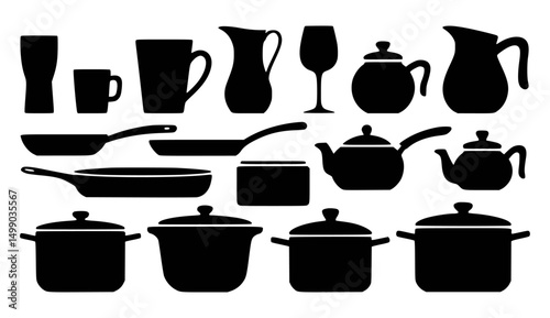 Black silhouette collection of kitchen utensils and drinkware on white background vector illustration