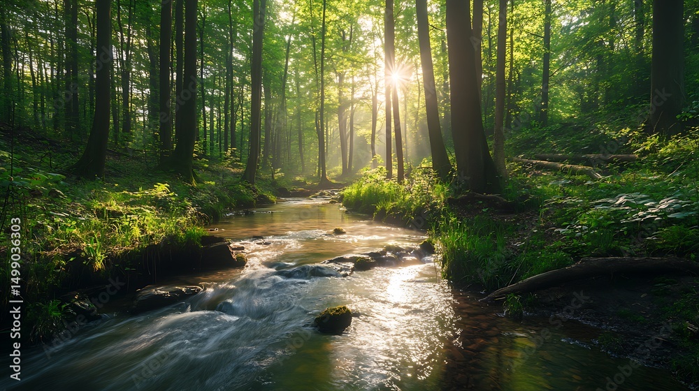 Obraz premium Serene forest scene with a flowing stream and sunlight filtering through the trees.
