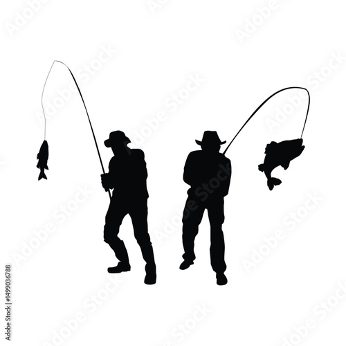 Man Fishing from a lake black silhouette on white background Vol 01