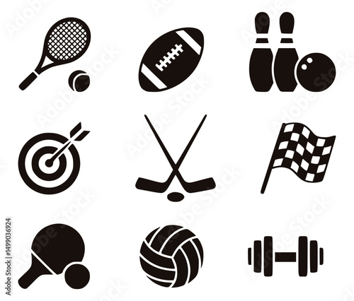 Collection of black and white sport icon illustrations for recreational games and sporting events