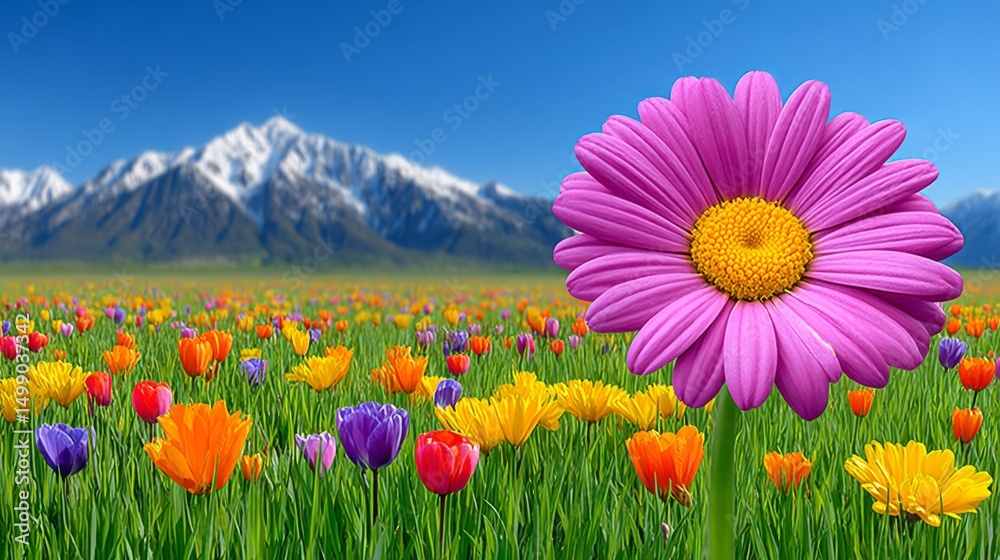 Obraz premium Vibrant field of colorful tulips with a large pink daisy and snow-capped mountains in the background