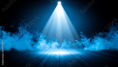 A dramatic scene featuring a spotlight illuminating a wooden floor, surrounded by swirling blue smoke against a dark background