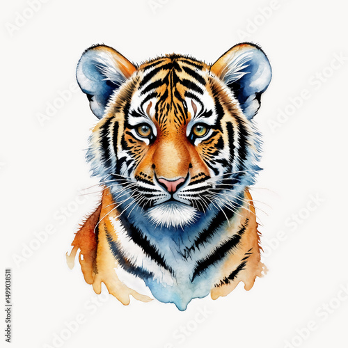 Colorful watercolor portrait of a tiger with expressive eyes and clear stripes, on a white background
