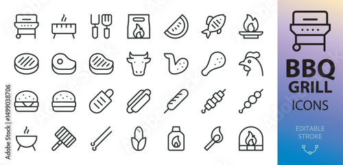 BBQ line icons set. Set of barbecue grill, charcoal, beef steak, hot dog, grilled fish, skewers, shashlik, bbq equipment and tools, lighter fluid vector icon with editable stroke