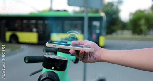 Close up of woman take rent electric scooter, animation 3d motion design graphic. NFC contactless locker in sharing parking lot. Tourist phone application.