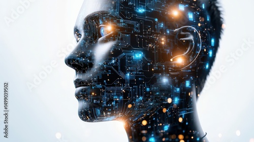 Futuristic Digital Human Face with Circuitry and Blue Glowing Lights on Abstract Background