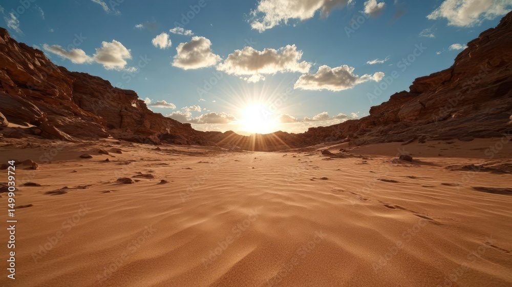Fototapeta premium Desert Landscape With Sandstone Cliffs Under A Sunburst Sky During Golden Hour Lighting