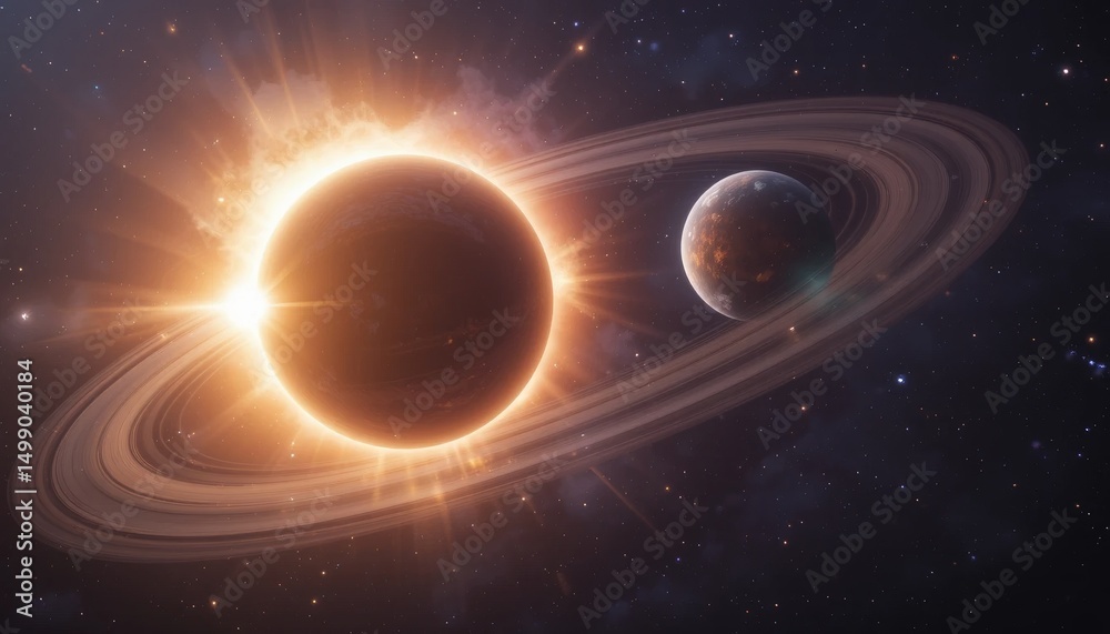 Obraz premium Solar eclipse event captured in space featuring saturn and moon cosmic scene celestial environment outer space view