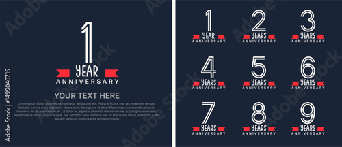 logo anniversary set. white color with red ribbon on blue background for special event
