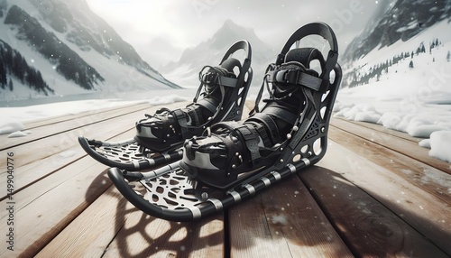 Foldable snowshoe with durable metal crampons and strap details shown on light snowy wooden deck surface