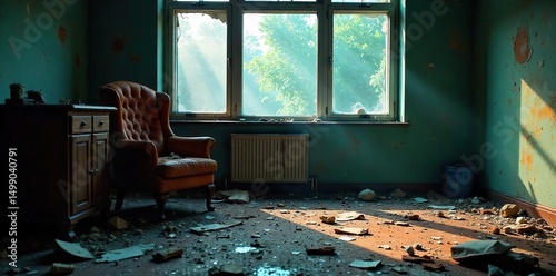 A shattered window, a broken chair, and scattered debris litter a room, aftermath of a violent crime scene , clues, emergency, culprit