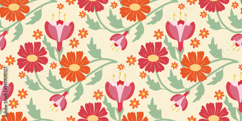 Abstract artistic Florals seamless pattern background vector. Colorful botanical wallpaper with flower, foliage. Design for prints, cover, fabric, packaging, wall art, home decor.