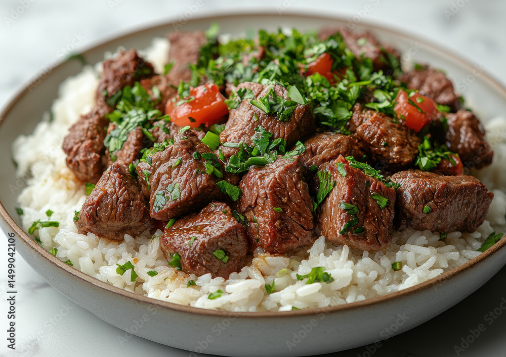 Hearty beef stew with fresh vegetables and rice meal Hearty beef stew with fresh vegetables and rice meal