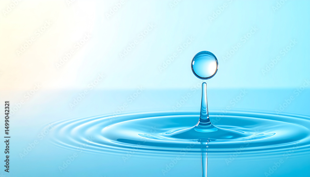 A single water droplet creates ripples in a calm blue surface, capturing the essence of tranquility and fluidity in nature A single water droplet creates ripples in a calm blue surface, capturing the essence of tranquility and fluidity in nature