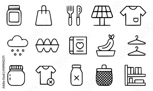 Hand drawn black and white icons illustrating sustainable living concepts and everyday objects
