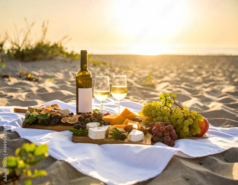 Fototapeta premium A romantic beach picnic at sunset features a white tablecloth on the sand, with wine, two glasses, cheeses, and fruits. Golden sunlight casts soft, dreamy shadows.