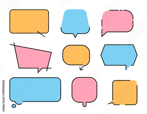 Hand drawn orange speech bubble doodle vector sticker set, flat message box, blank chat box element, frame border, banner