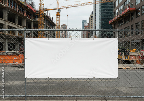 Construction site with blank banner and cranes in urban setting