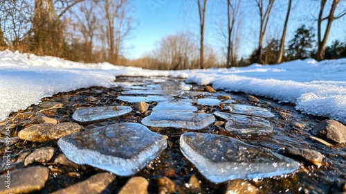 Icy Stream Flowing Over Stones in Winter Snow