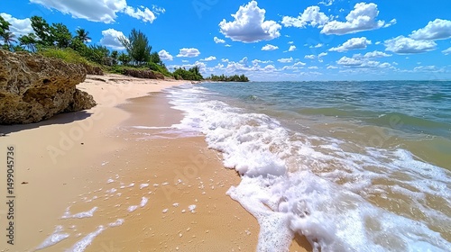 Tranquil Tropical Beach Scene Azure Sky, White Waves, and Golden Sand