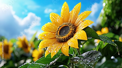Vibrant Yellow Sunflower with Dew Drops Under a Sunny Sky